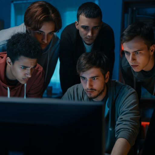 Intense Focus: Four Men Huddle Around a Computer Screen