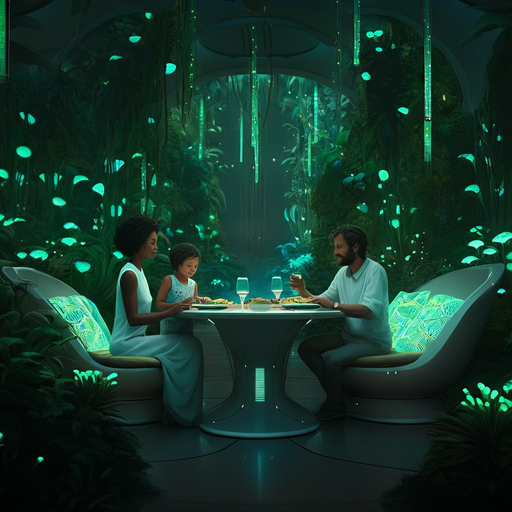 A Futuristic Family Dinner Under a Bioluminescent Sky