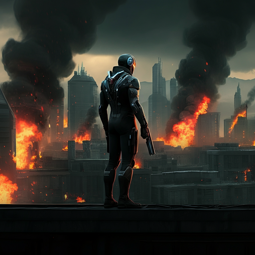 Silhouetted Against the Flames: A Lone Figure in a Burning City