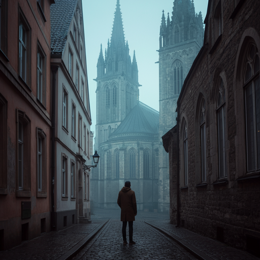 Lost in the Fog: A Solitary Figure Walks Towards a Majestic Cathedral