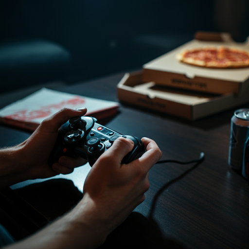 Focused on the Game, Pizza and Drink in the Background