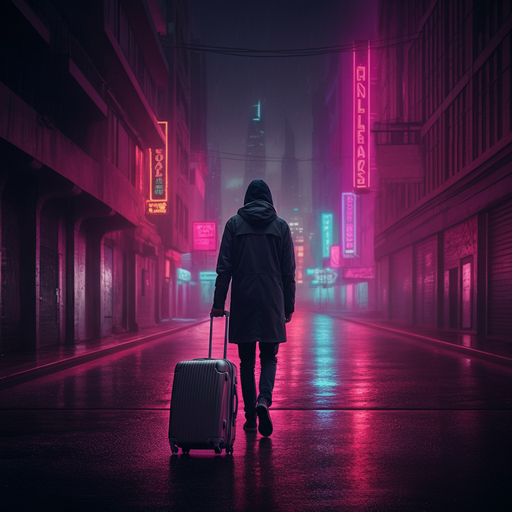 Lost in the Neon Fog: A Solitary Figure Walks Through a Futuristic City