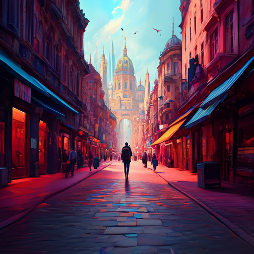 A Solitary Figure Walks Towards Mystery in a Dreamy Fantasy City