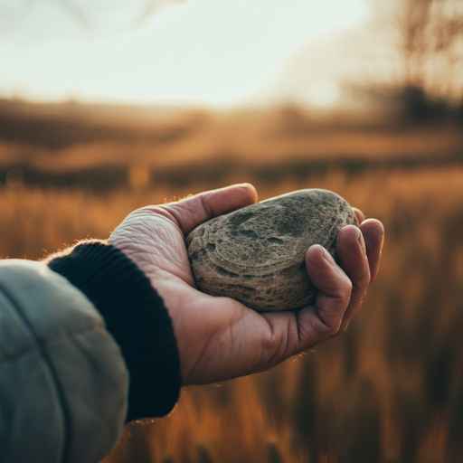 Sunset Serenity: A Hand, a Rock, and the Tranquility of the Field