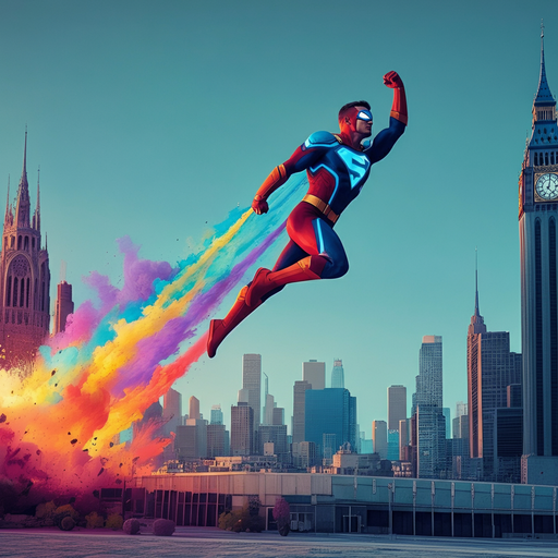 Superhero Soars Through Whimsical Cityscape