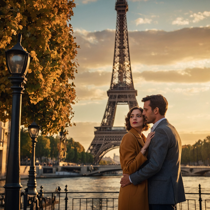 Parisian Romance: A Couple’s Embrace at Sunset