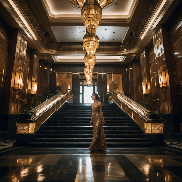 Golden Glamour: A Woman Descends into Opulence