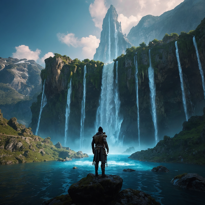 Epic Waterfall Majesty: A Lone Figure Contemplates Nature’s Grandeur