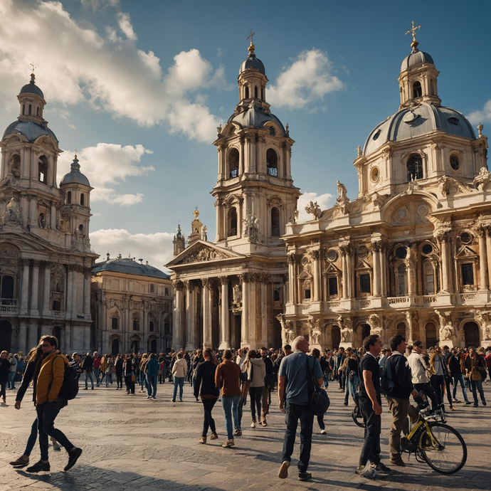 A Majestic European Building Beckons Amidst a Bustling Crowd