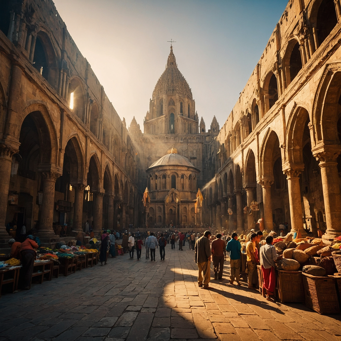 Ancient Courtyard Bathed in Golden Hour Light