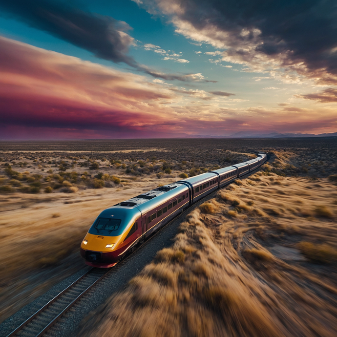 Desert Speed: A Train Races Towards Sunset