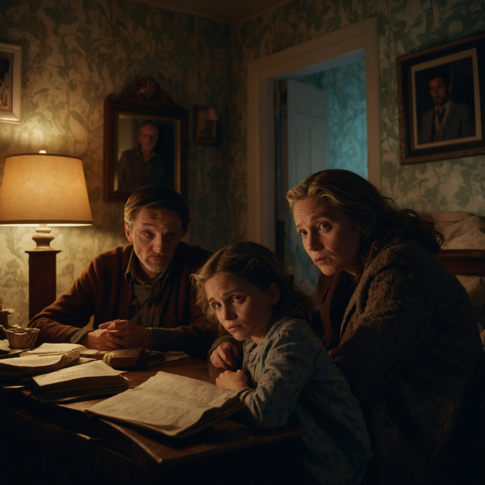 A Gathering of Secrets: A Family’s Tense Reunion in a Dimly Lit Room