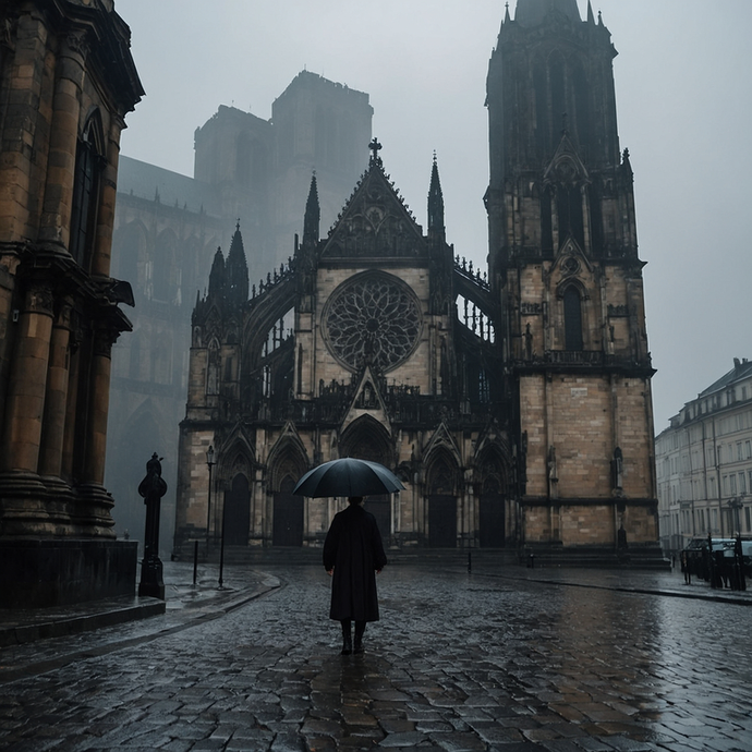 Lost in the Mist: A Solitary Figure Walks Towards a Gothic Cathedral