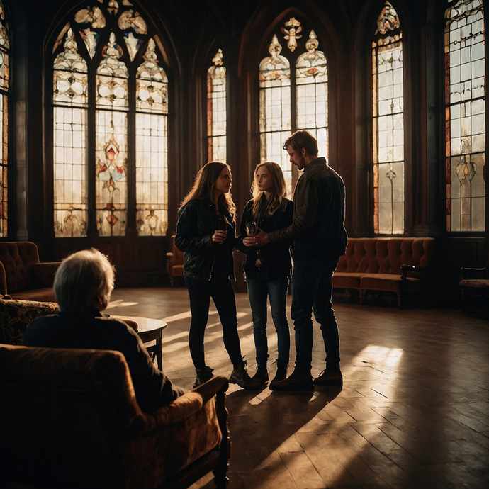 Shadows and Secrets: A Moment of Intrigue in a Stained Glass Hall