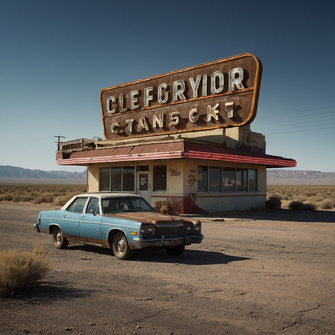 Lost in Time: A Vintage Car and a Desolate Diner in the Desert