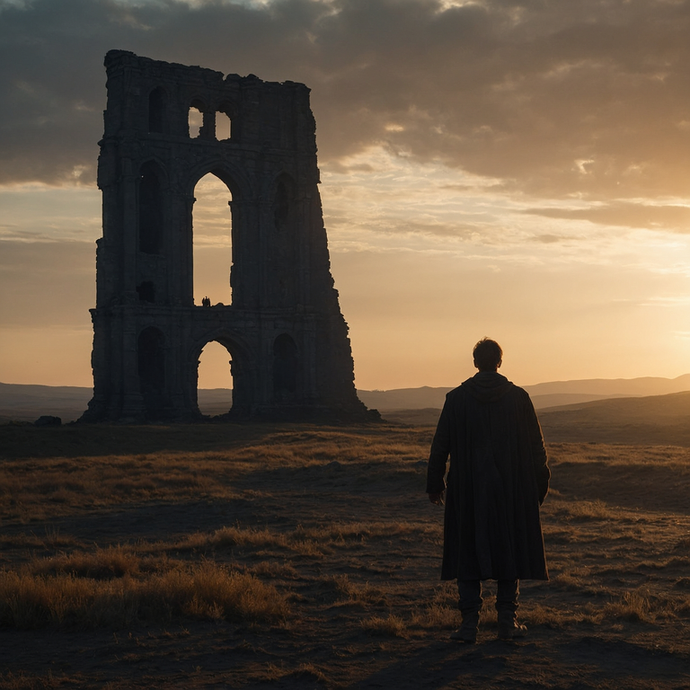 Silhouetted Figure in a Barren Field: A Melancholy Sunset