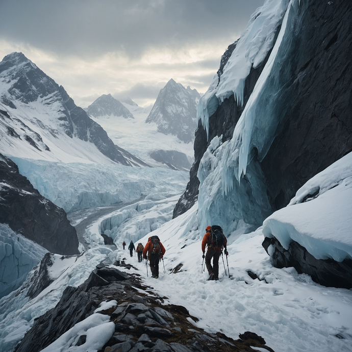 Tiny Figures Against a Majestic Mountain: Climbers Conquer a Snowy Pass