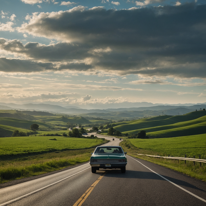 Nostalgia on the Open Road: A Classic Car’s Journey Through Tranquil Landscapes