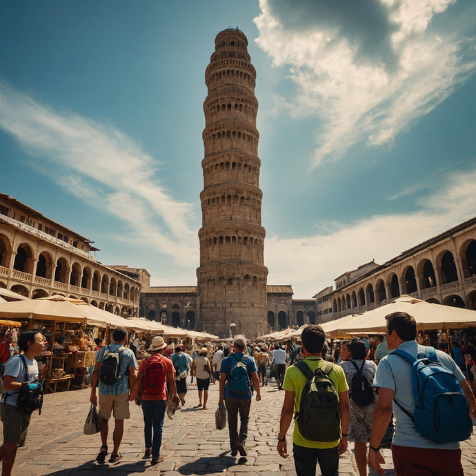 Ancient Tower Dominates Bustling Market Square