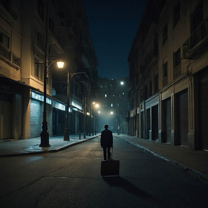 Lost in the Shadows: A Solitary Figure Walks the Empty Night