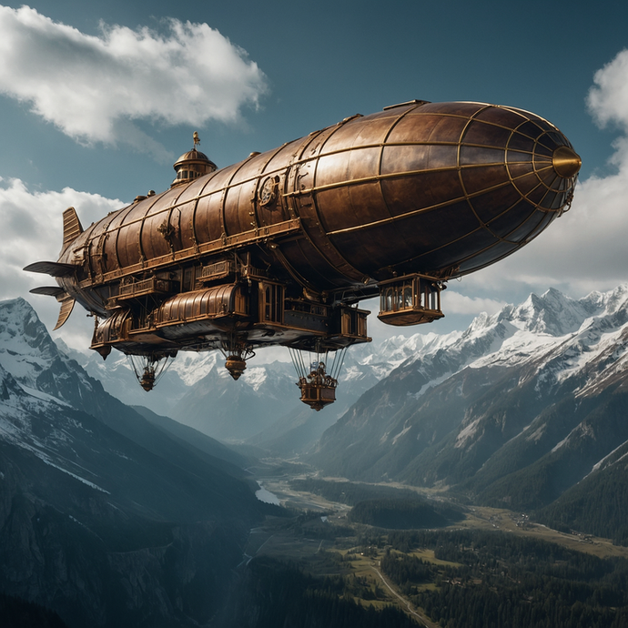 Steampunk Airship Soars Over Snowy Peaks