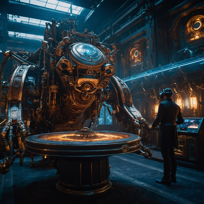 Steampunk Dreams: Man Interacts with Intricate Machine in Futuristic Setting