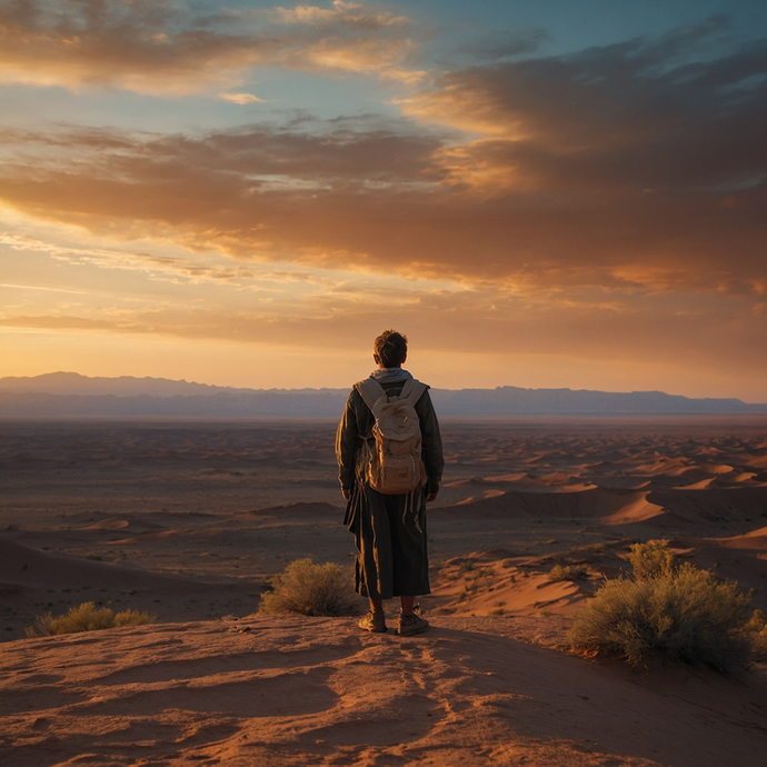 Silhouetted Against the Sunset: A Moment of Contemplation in the Vast Desert