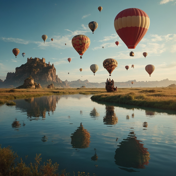 Tranquil Beauty: Hot Air Balloons Soar Over a Serene Landscape