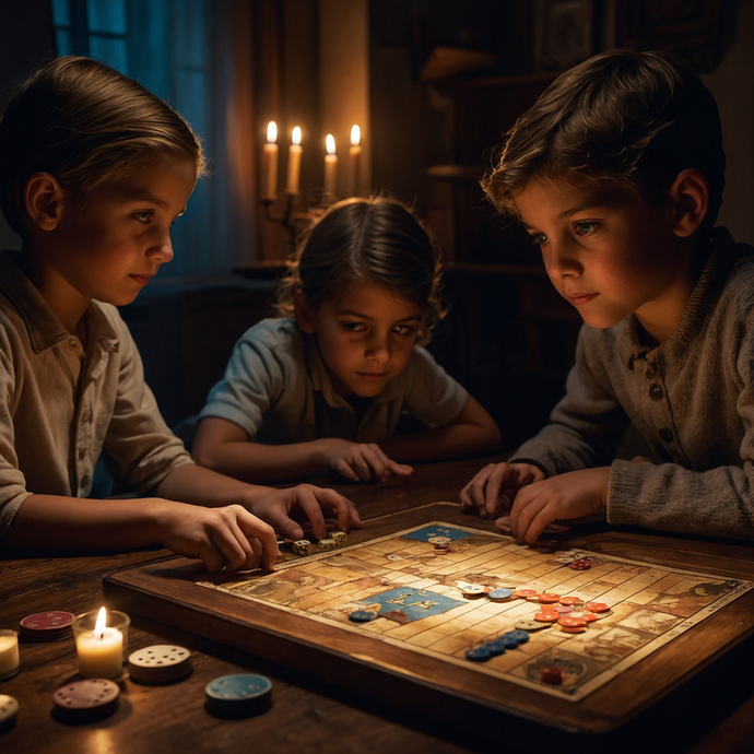 Candlelight Focus: Children Immersed in a Board Game Mystery