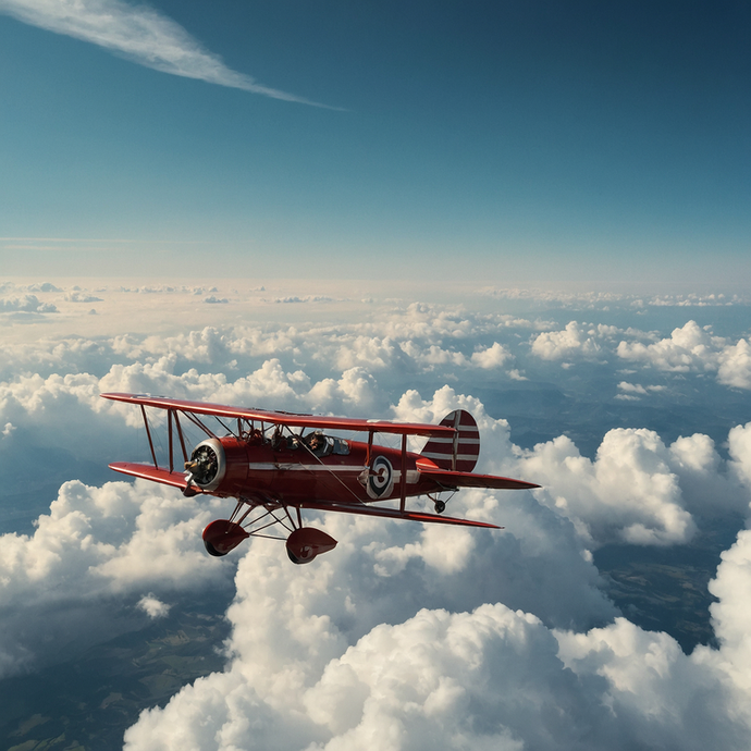 A Red Biplane Soars Through Fluffy Clouds