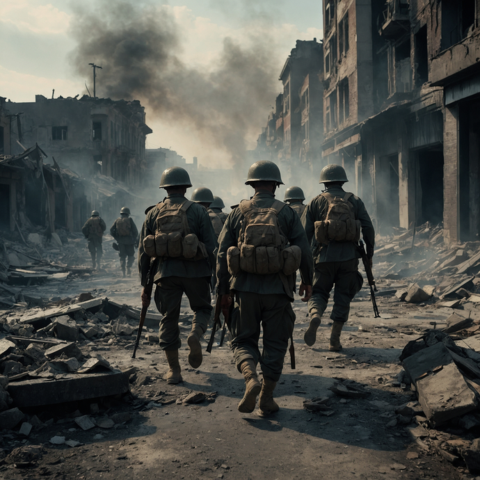 The Weight of War: Soldiers March Through a City in Ruins