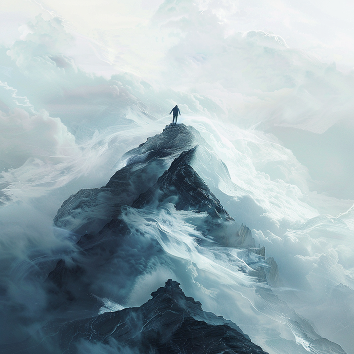 Lost in the Clouds: A Solitary Figure on a Mountain Peak