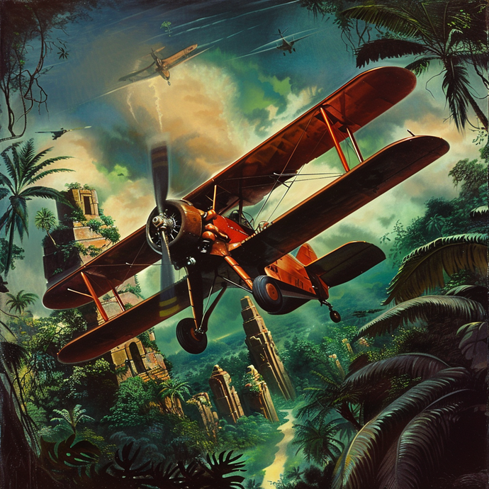 Red Biplane Soars Above Jungle Ruins