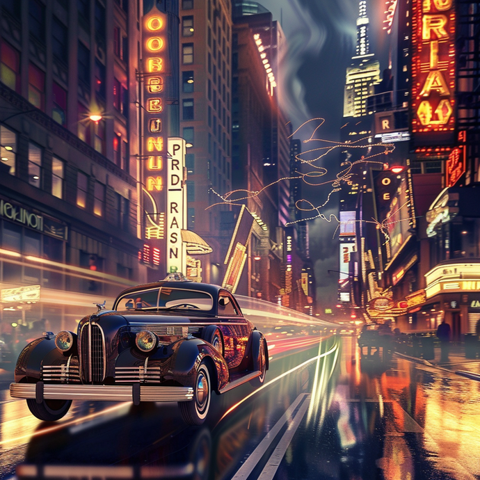 Neon Nights: A Vintage Ride Through City Lights