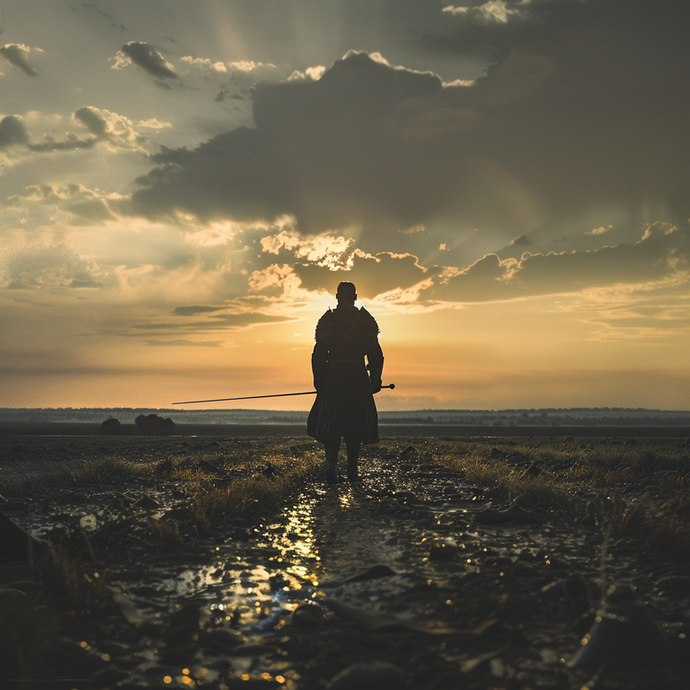 A Lone Figure Walks Towards the Setting Sun