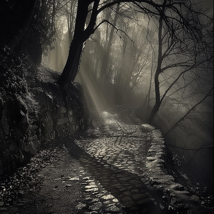 Sunlight Pierces the Mist on a Mystical Forest Path