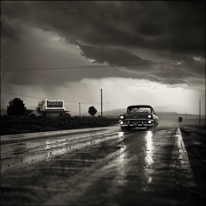 Nostalgia on a Wet Road: A Classic Car Disappears into the Storm