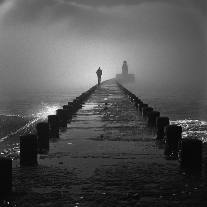 Lost in the Fog: A Solitary Figure Seeks the Lighthouse