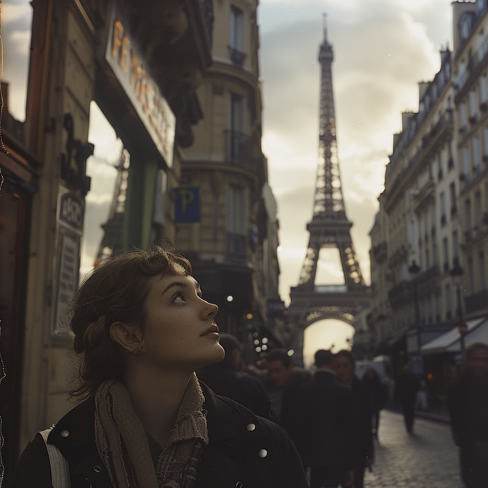 Parisian Dreams: A Woman Gazes at the Eiffel Tower in the Setting Sun