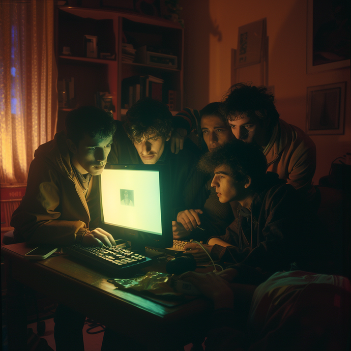 Four Friends Huddle Around a Glowing Screen in a Dimly Lit Room