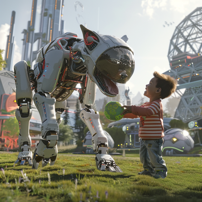 Future Friends: A Boy and His Robot Dog Play Fetch in a Futuristic City Park