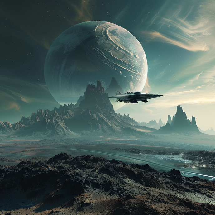 A Journey to the Unknown: Spaceship Soars Over Desolate Alien Landscape