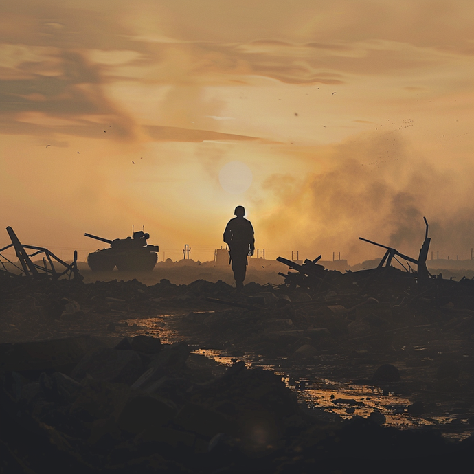 A Soldier’s Silhouette Against the Ruins of War