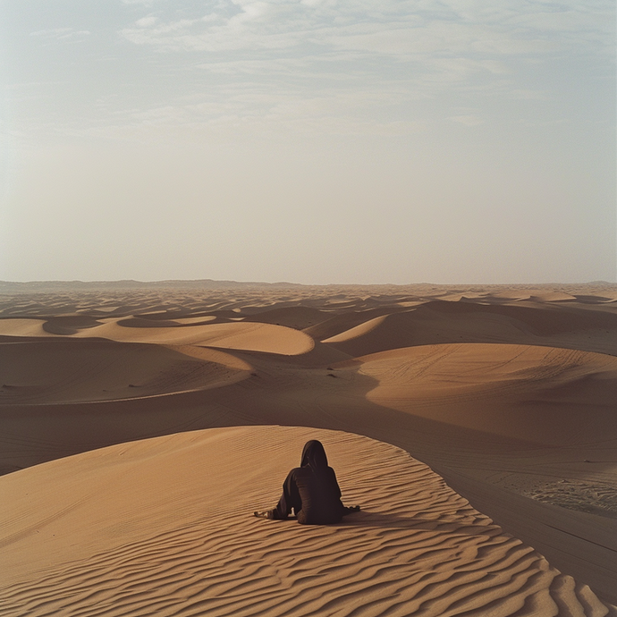 Lost in the Vastness: A Solitary Figure Contemplates the Desert