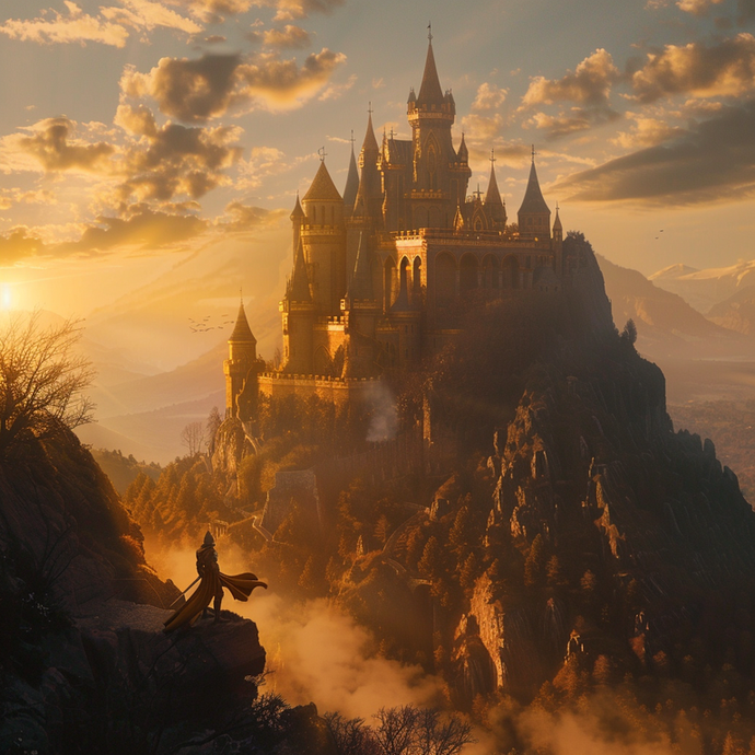 A Solitary Figure Gazes Upon a Golden Castle at Sunset