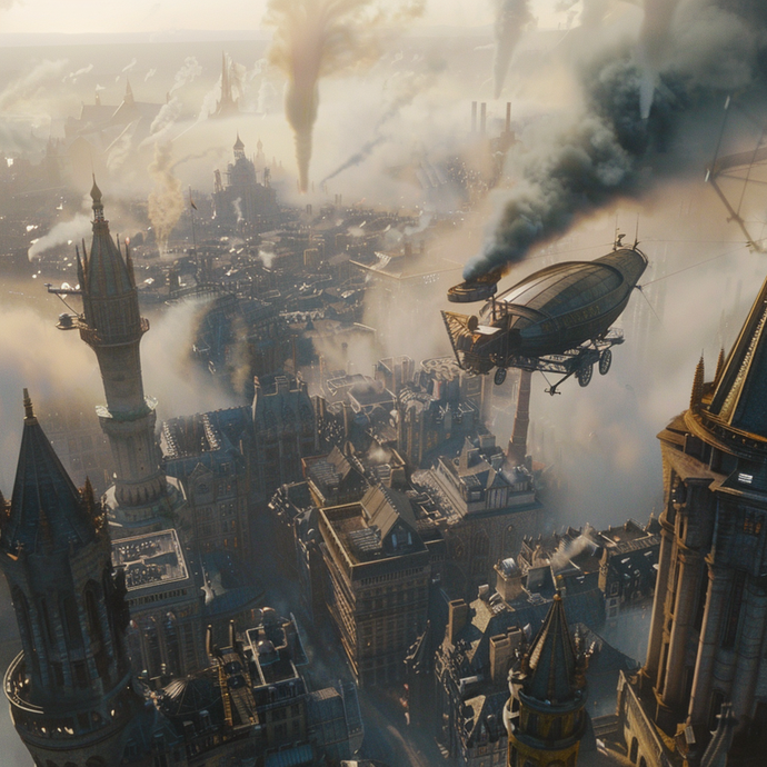 Steampunk Cityscape: A Dirigible Soars Through the Fog