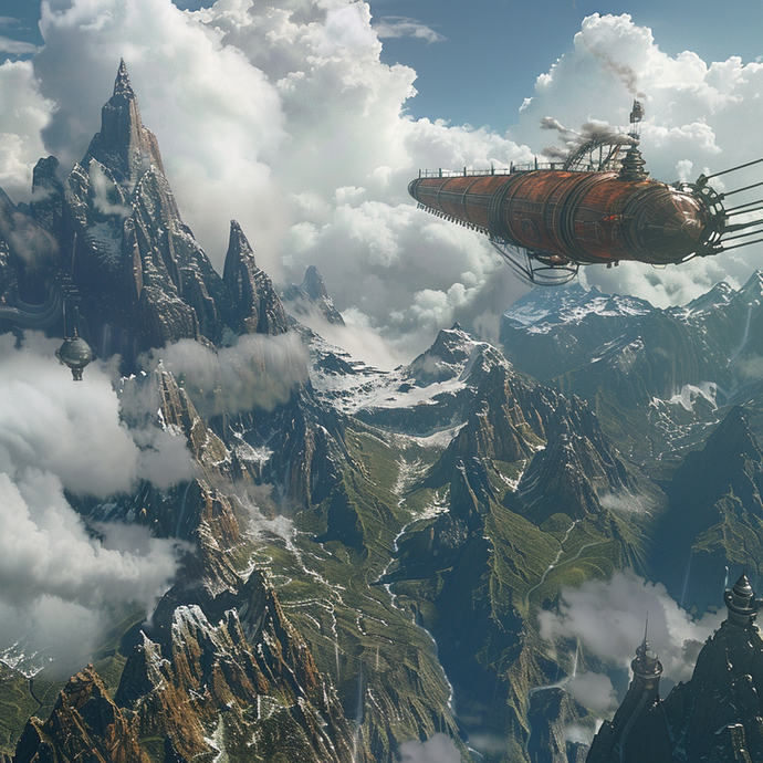 Steampunk Dreams: A Rusty Airship Soars Above Majestic Peaks