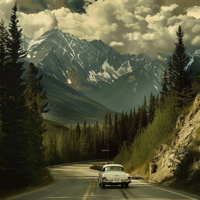 Nostalgia on the Open Road: A Vintage Car Through Majestic Mountains