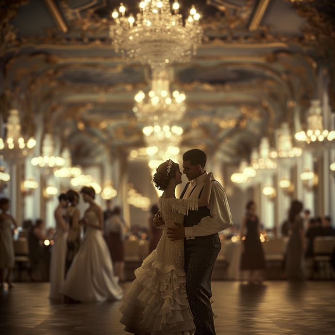 A Dance Amidst the Golden Glow: A Romantic Ballroom Scene