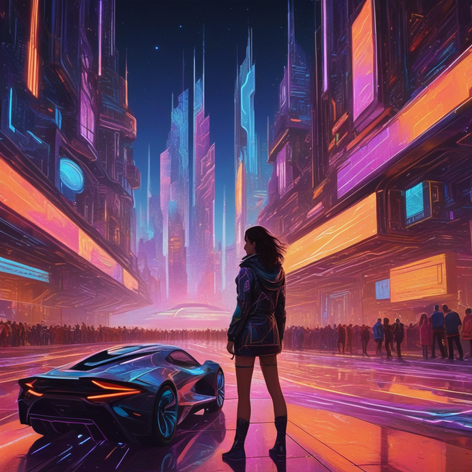 Lost in Neon: A Woman’s Journey Through a Futuristic Cityscape